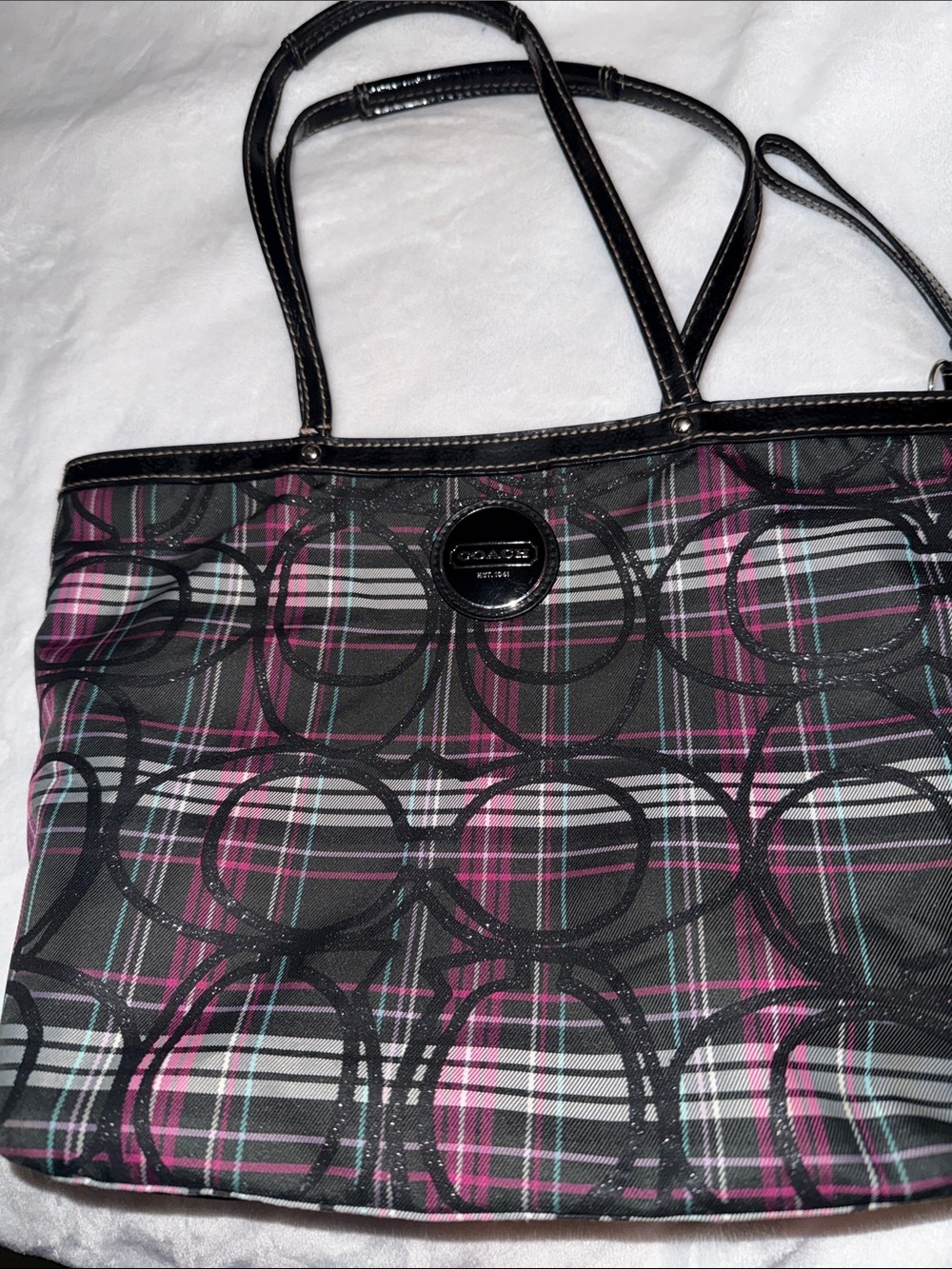 Coach Black Plaid Tote with Pink Accents - Picture 2 of 12